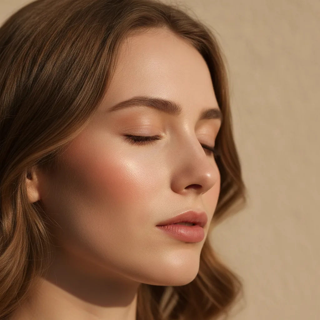 Calm woman with luminous sculpted complexion