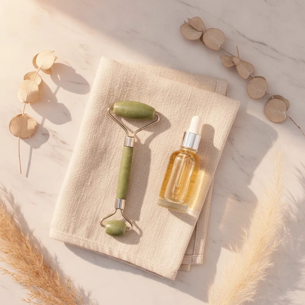 Morning ritual flat-lay with jade tool, dropper and linen towel